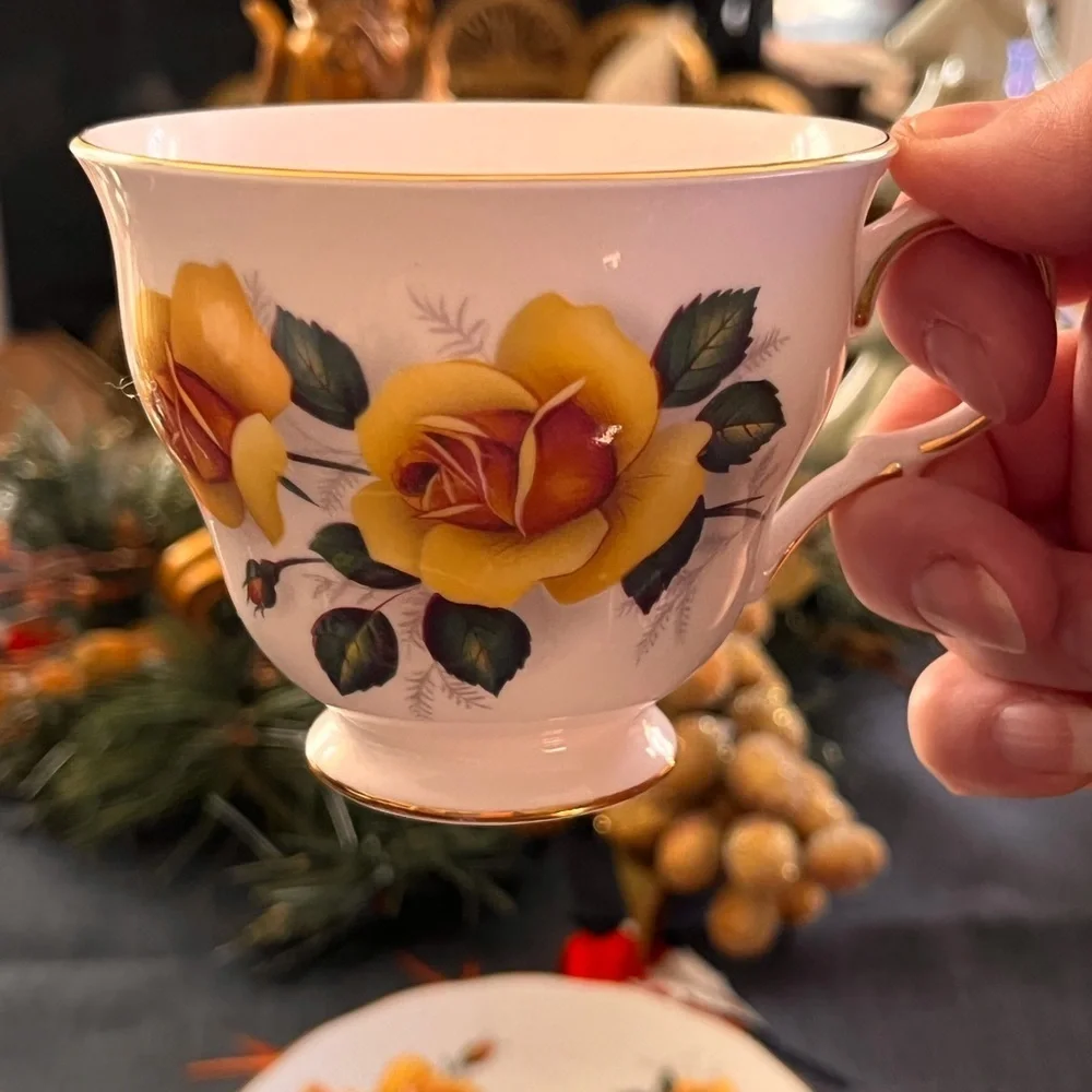 Porcelain Teacup and Saucer Set. Tea Set with Hand Painted Yellow Roses.